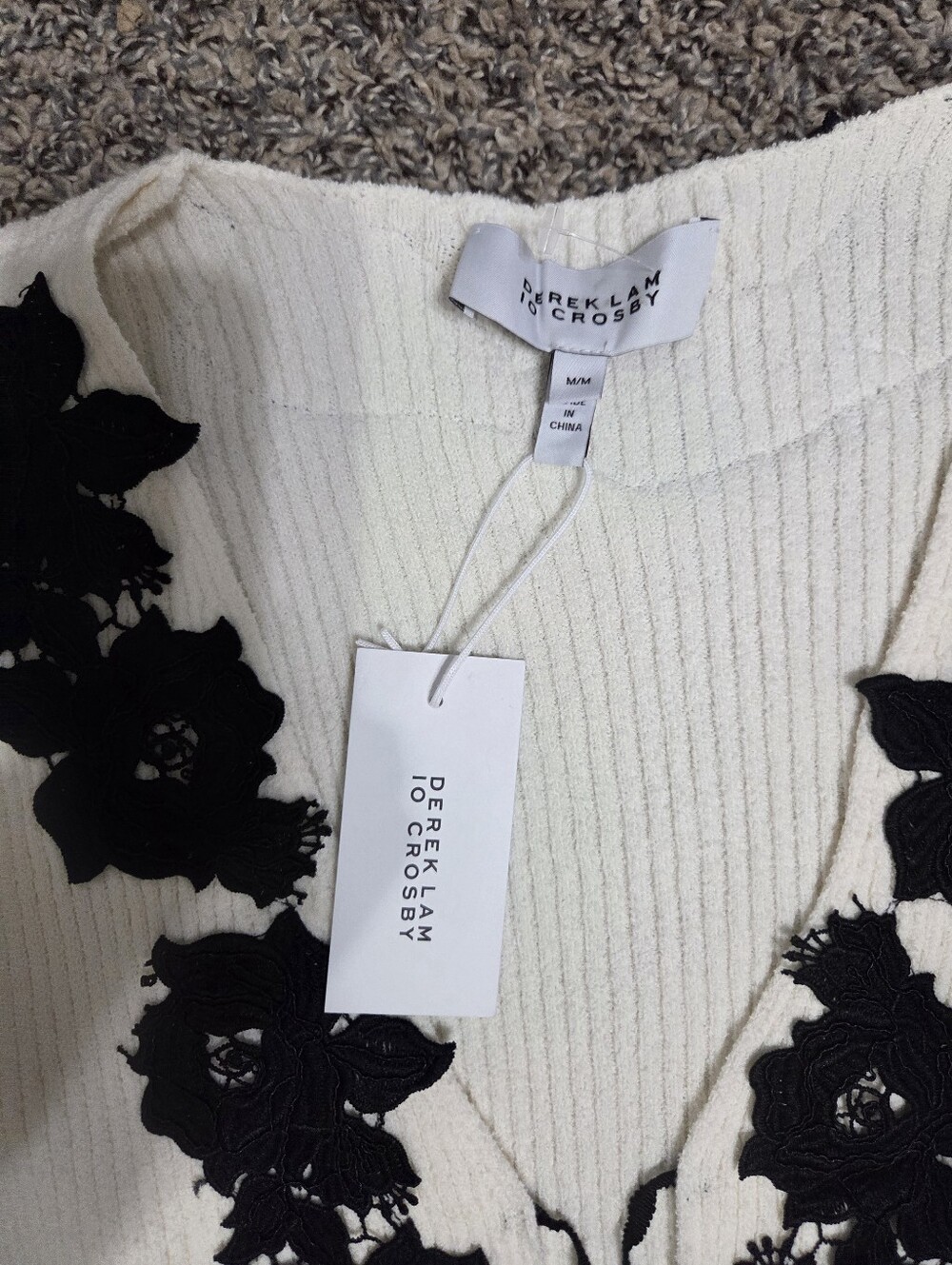 10 Crosby Derek Lam Cream V-Neck Sweater with Black Floral Appliqués